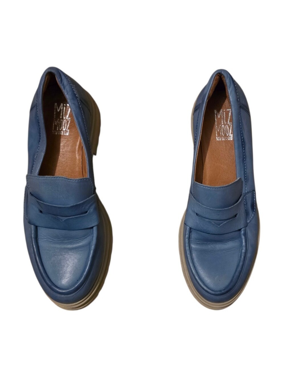 Miz Mooz Blue Leather Lug Sole Penny Loafers for Women - 39